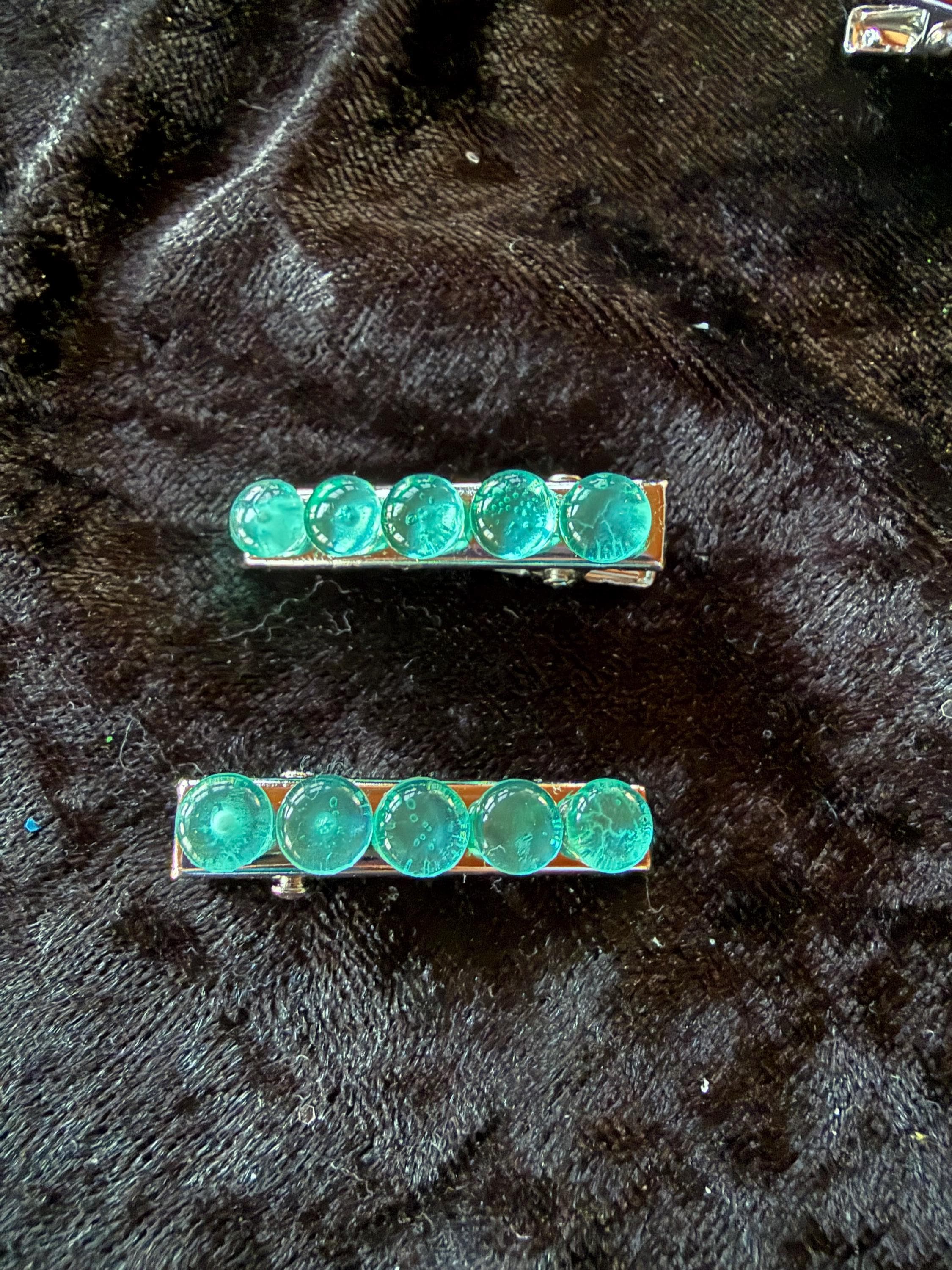 Blue Green Bubble Gem Hair Clips, Butterfly Accent, Small Silver Barrette