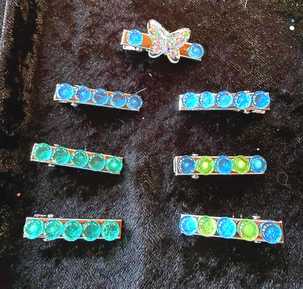 Blue Green Bubble Gem Hair Clips, Butterfly Accent, Small Silver Barrette