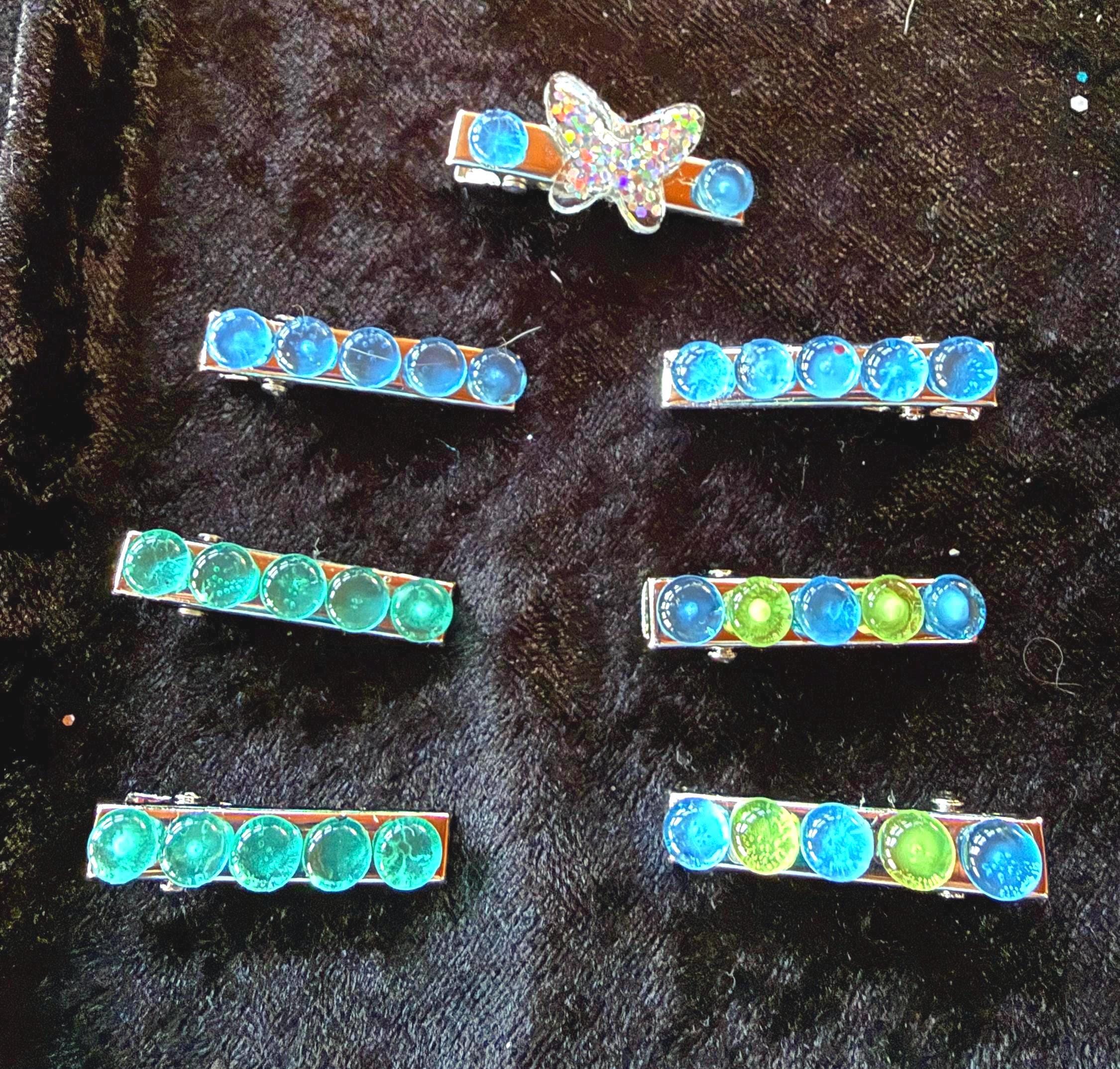 Blue Green Bubble Gem Hair Clips, Butterfly Accent, Small Silver Barrette