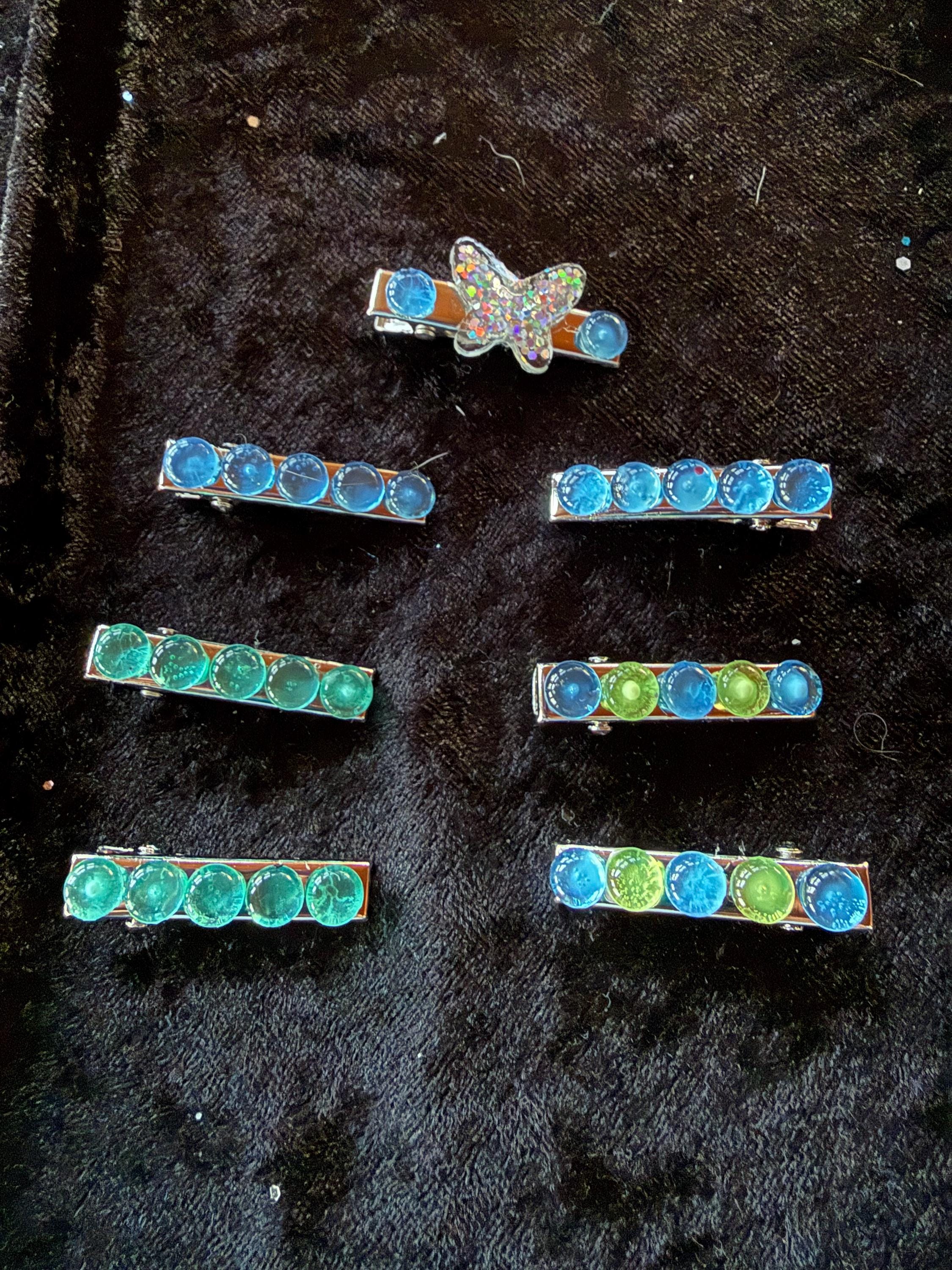 Blue Green Bubble Gem Hair Clips, Butterfly Accent, Small Silver Barrette